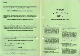 Ein Flugblatt, das vor der Bürgeranhörung 1974 in Oftersheim kursierte. Der Titel lautete: WARUM sagen Oftersheimer Bürger NEIN zum Zusammenschluß Ein Flugblatt, das vor der Bürgeranhörung 1974 in Oftersheim kursierte. Der Titel lautete: WARUM sagen Oftersheimer Bürger NEIN zum Zusammenschluß