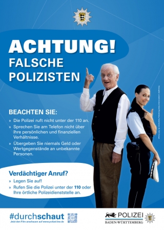 Polizei - durchschaut. Plakat der Polizei zu falschen Polizisten. Polizei - durchschaut. Plakat der Polizei zu falschen Polizisten.