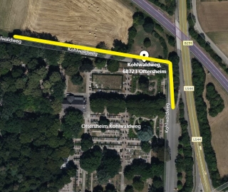 Die Karte zeigt, wo der Kohlwaldweg am Friedhof zeitweise gesperrt wird. Die Karte zeigt, wo der Kohlwaldweg am Friedhof zeitweise gesperrt wird.