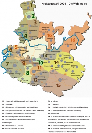 Die Kreistagswahl 2024 wirft ihre Schatten voraus: Wie bei der Wahl 2019 wird das Gebiet des Rhein-Neckar-Kreises in 16 Wahlkreise aufgeteilt. Die Zuschnitte bleiben unverändert. (Grafik: Landratsamt Rhein-Neckar-Kreis) Die Kreistagswahl 2024 wirft ihre Schatten voraus: Wie bei der Wahl 2019 wird das Gebiet des Rhein-Neckar-Kreises in 16 Wahlkreise aufgeteilt. Die Zuschnitte bleiben unverändert. (Grafik: Landratsamt Rhein-Neckar-Kreis)