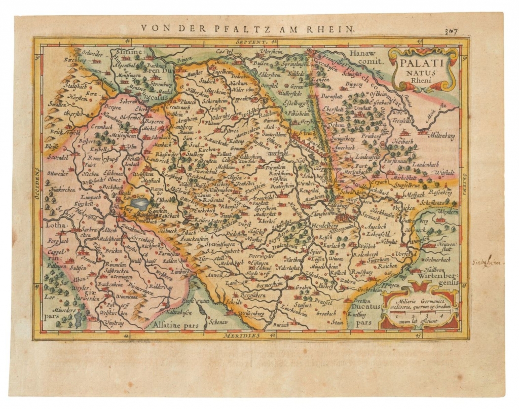 Die 1585 von Gerhard Mercator, dem bedeutendsten Kartographen der Renaissance, gestochene, eine erstmals überhaupt nach Norden ausgerichtete Pfalzkarte. Die 1585 von Gerhard Mercator, dem bedeutendsten Kartographen der Renaissance, gestochene, eine erstmals überhaupt nach Norden ausgerichtete Pfalzkarte.