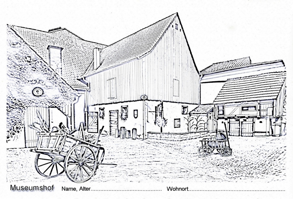 Malwettbewerb HuKO 2022 Ausmalmotiv 2 Museumshof (Bild: Sturm) Malwettbewerb HuKO 2022 Ausmalmotiv 2 Museumshof (Bild: Sturm)