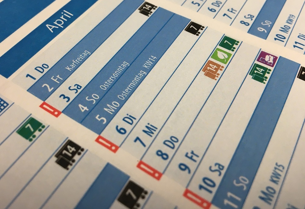 Beispiel für abweichende Abfuhrtage über Ostern. Sämtliche Abweichungen sind im Abfallkalender mit einem roten Ausrufezeichen markiert. Foto: AVR Kommunal AöR Beispiel für abweichende Abfuhrtage über Ostern. Sämtliche Abweichungen sind im Abfallkalender mit einem roten Ausrufezeichen markiert. Foto: AVR Kommunal AöR