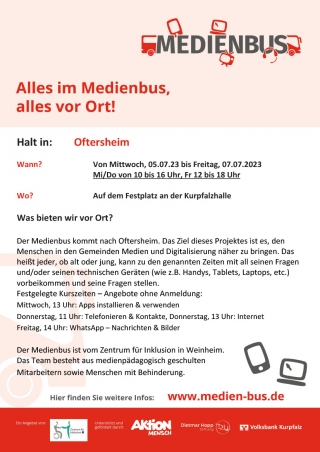 Der Medienbus macht Station in Oftersheim vom 5. bis 7. Juli 2023. Der Medienbus macht Station in Oftersheim vom 5. bis 7. Juli 2023.