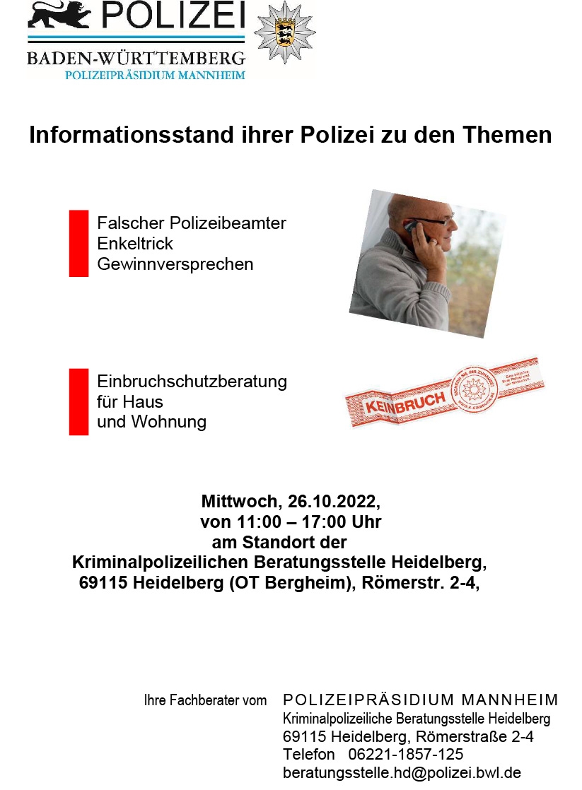 Plakat der Polizei mit dem Hinweis auf eine Info-Veranstaltung am 26.10.2022 zu Einbruchschutz und Trickbetrügern Plakat der Polizei mit dem Hinweis auf eine Info-Veranstaltung am 26.10.2022 zu Einbruchschutz und Trickbetrügern
